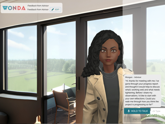 A virtual advisor stands in a modern office with large windows overlooking a green landscape. A dialogue box shows the advisor asking for reflections on a project’s progress, with interface buttons for talking and ending the conversation.