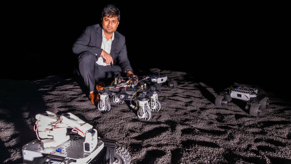 Professor Yashwanth Nakka in the Aerospace Robotics Lab. (Photo: Cameron Eure)