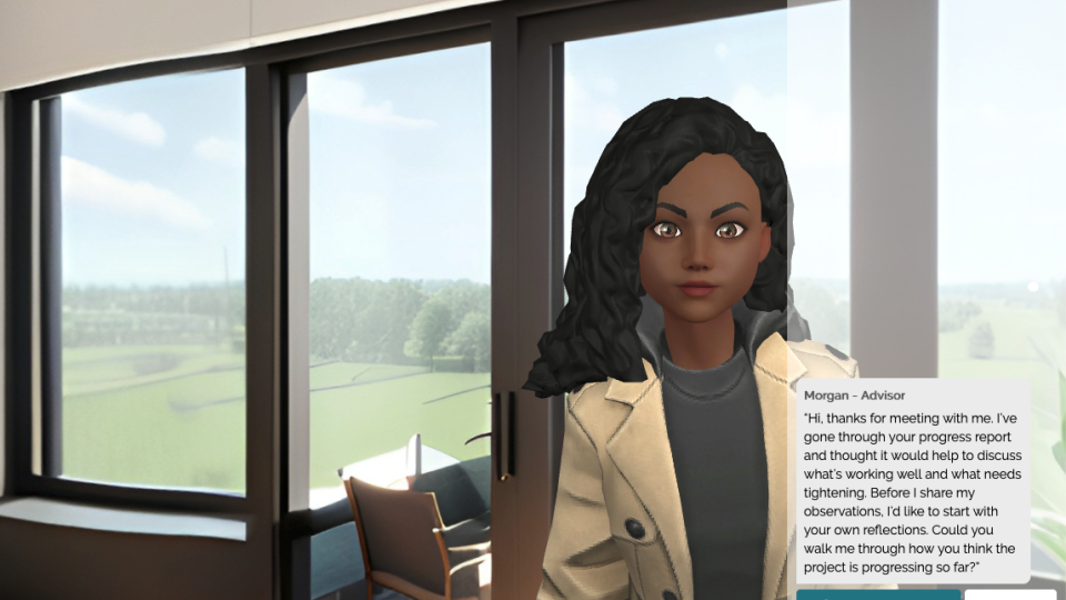 A virtual advisor stands in a modern office with large windows overlooking a green landscape. A dialogue box shows the advisor asking for reflections on a project’s progress, with interface buttons for talking and ending the conversation.